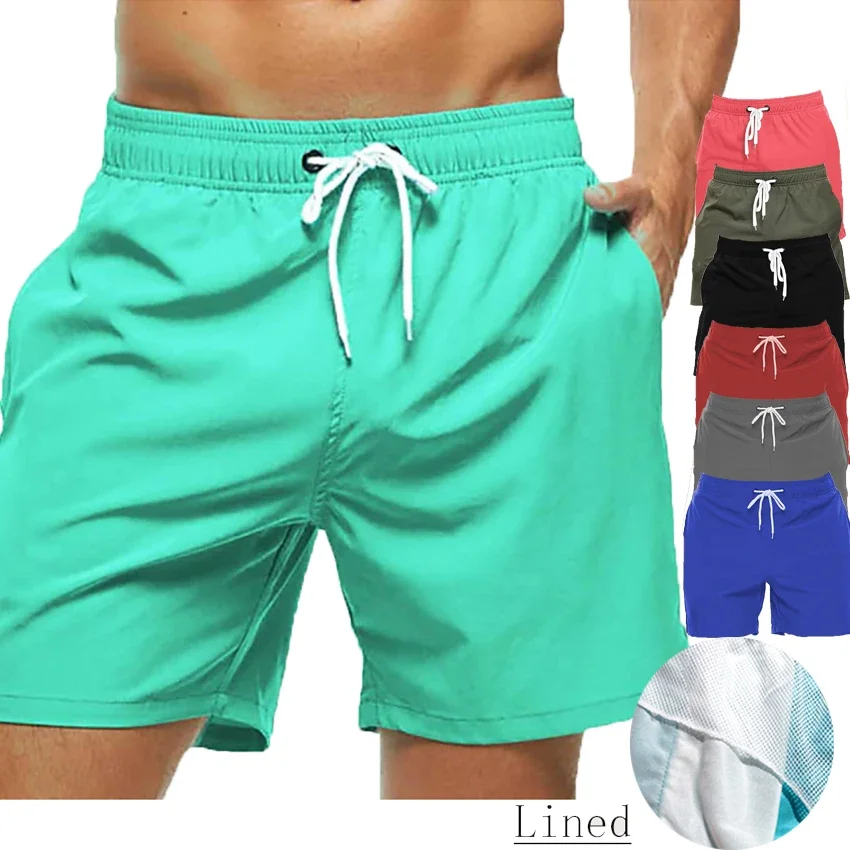 

2024 Summer Men's casual swim shorts Beach shorts drawstring with mesh lined elastic waist Plain breathable street wear