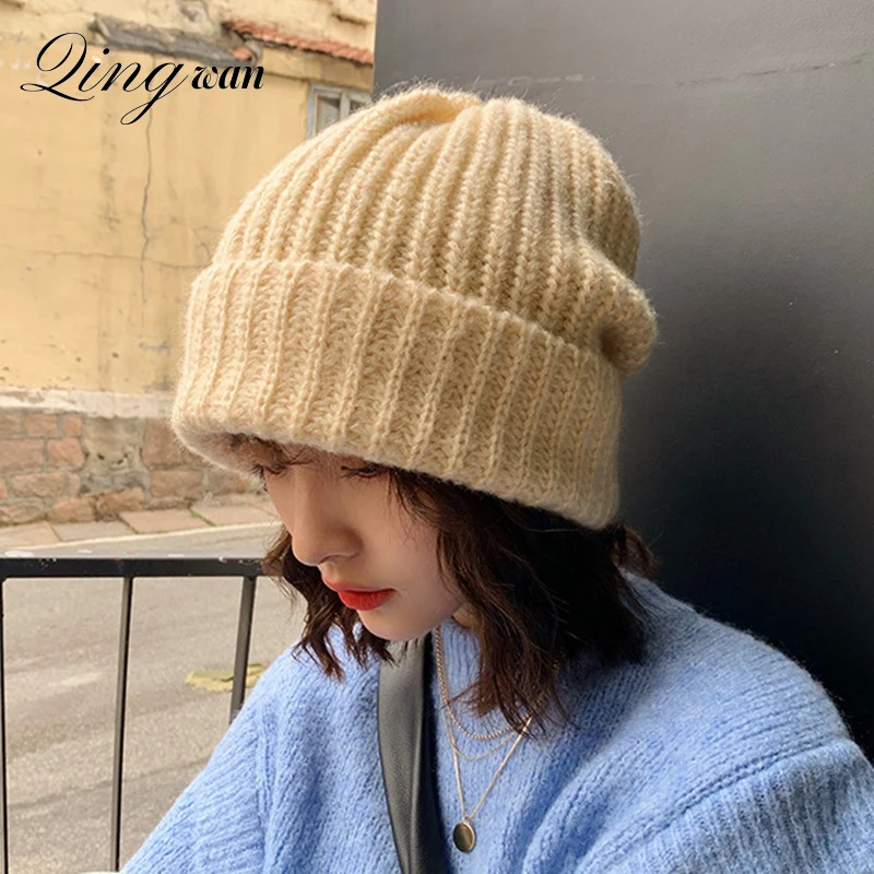 

Autumn Winter Knitted Solid Beanies Hat for Women Men Kpop Ins Thick Thread Loose Kawaii Ear Protection Warm Hat Girls Skullies