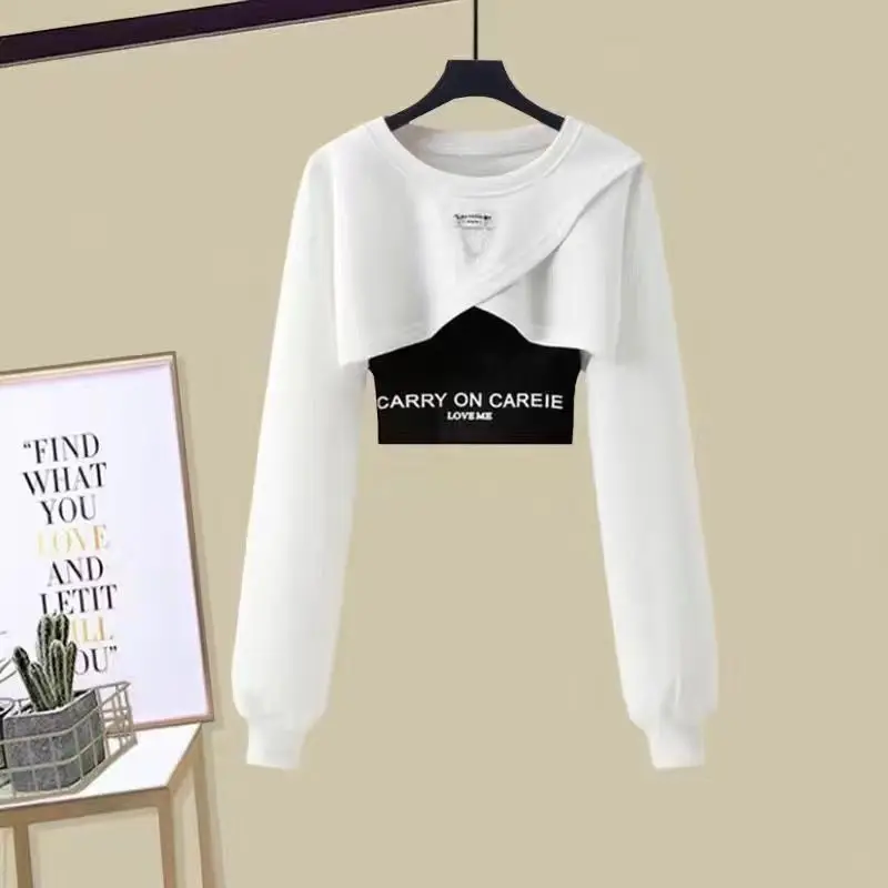 2023 Autumn Casual Set Women's New Sports Long Sleeve Top Strap Tank Top Wide Leg Pants Three Piece Set Shows Slim Fashion