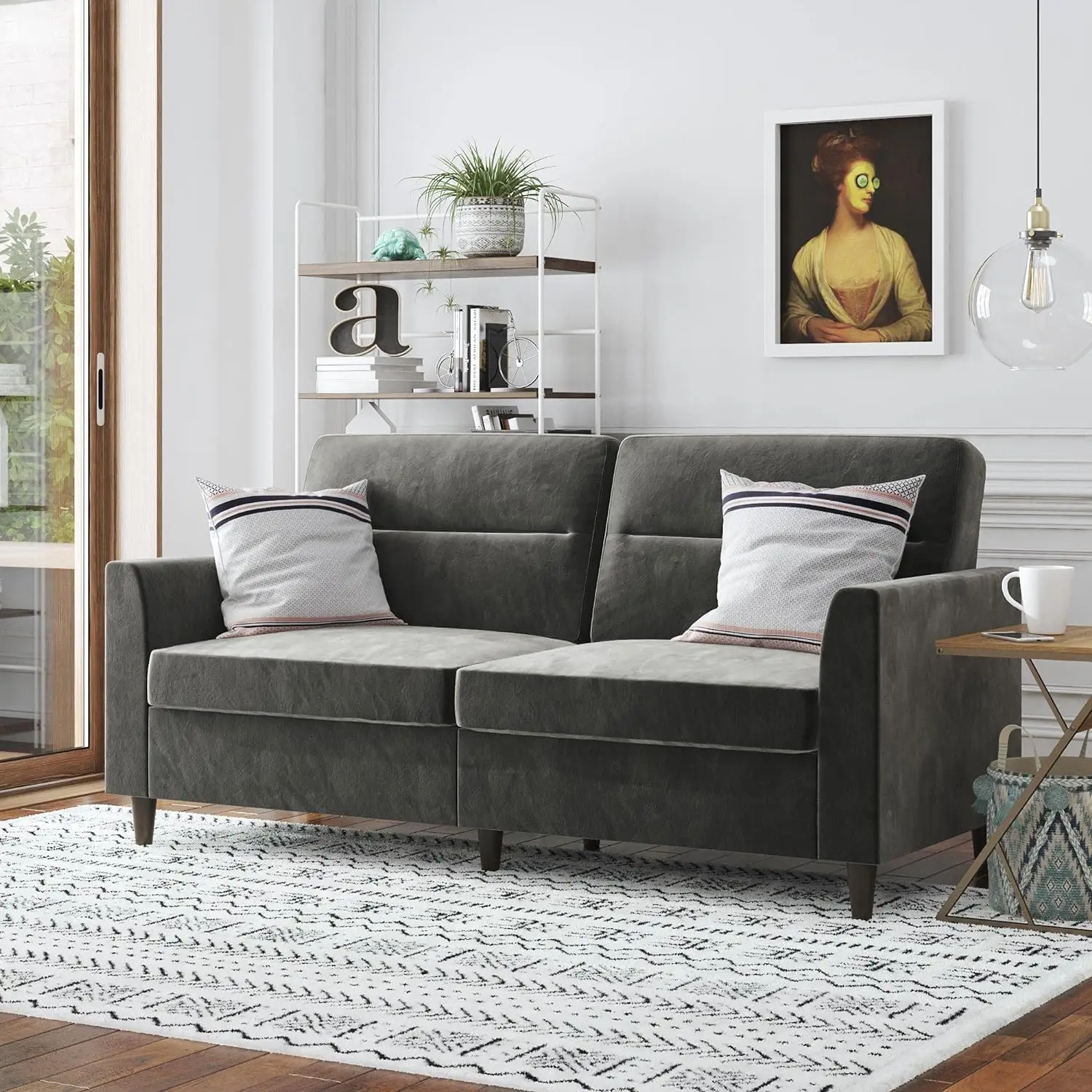 

Novogratz Concord Sofa, Small Space Living Room 3 Seater, Pocket Coil Cushions, Gray Velvet