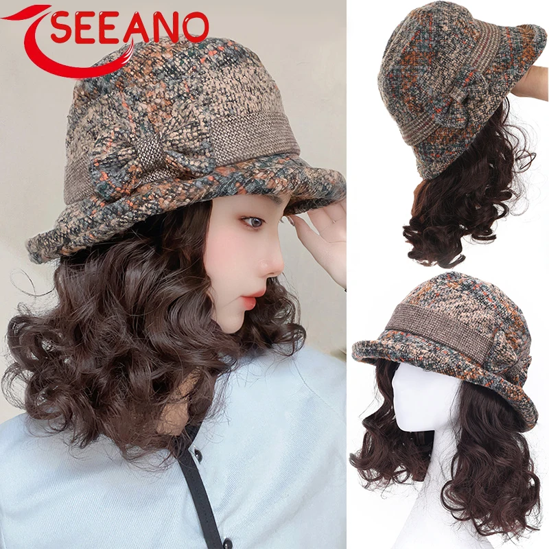 

SEEANO Synthetic Bowknot Fisherman Hat Wig For Women Short Curly Hair Synthetic Wig Warm Soft Ski Autumn Winter Cap Haze Blue
