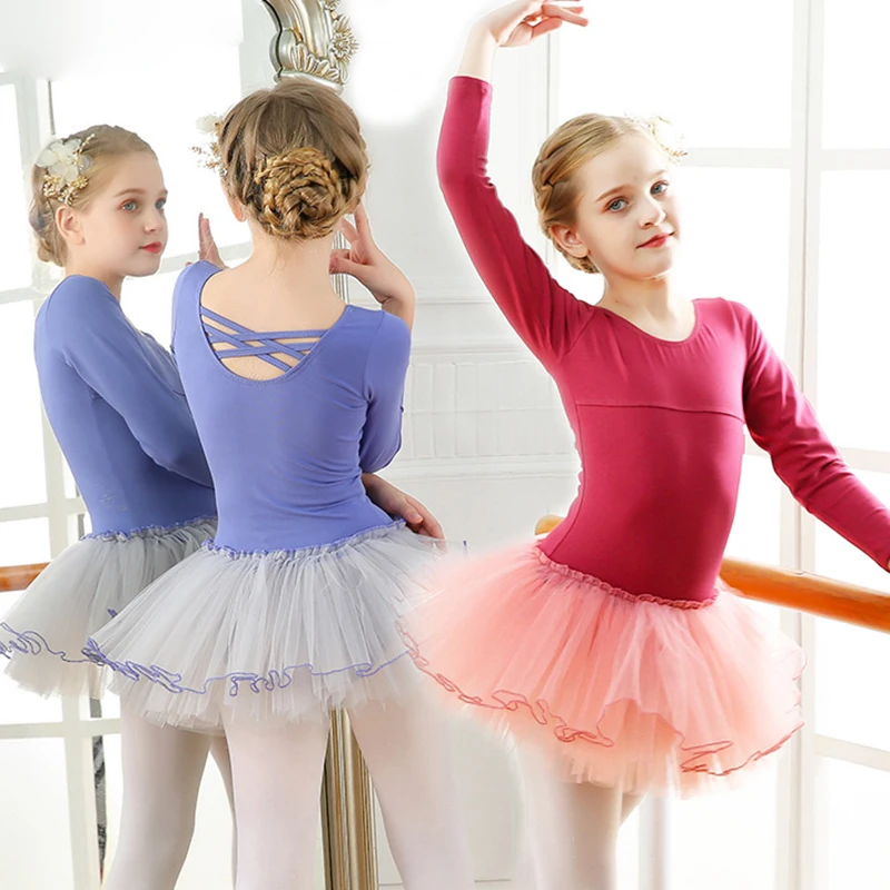 

Child Cotton Ballet Leotards with Tutu Skirts Dance Clothes Autumn Long Sleeved Girls Training Clothes Dance Clothes Backless