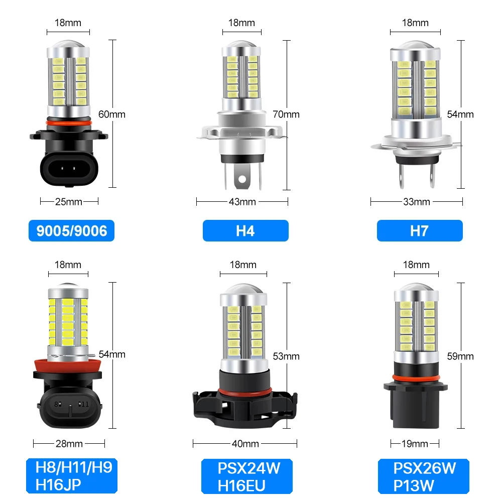 H8 Led H11 9005 HB3 9006 HB4 PSX24W Car LED Fog Headlight Bulbs 6000K White Fog Lamp Day Running Light Auto Front Foglamps 2pcs