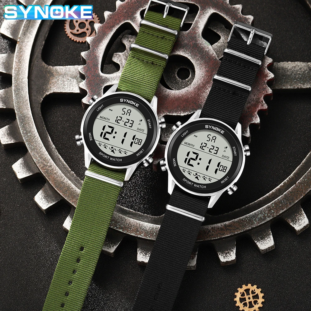 Synoke Men Outdoor Sports Multifunctional Waterproof Large Screen Display Luminous LED Digital For Men Nylon Strap Watch 2