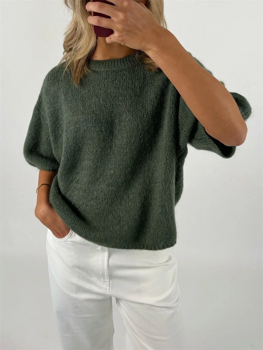 Neue Mode Frauen Frühling Herbst Stricken Pullover Halbe Hülse O Hals Einfarbig Lässige Strickwaren Heißer Verkauf S-XL – Detail 1