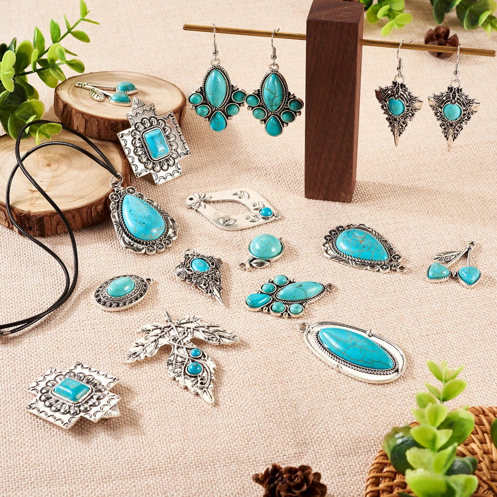 20Pcs Dyed Synthetic Turquoise Tibetan Style Alloy Pendants Charms for Bohomia Earrings Necklace Jewelry DIY Making