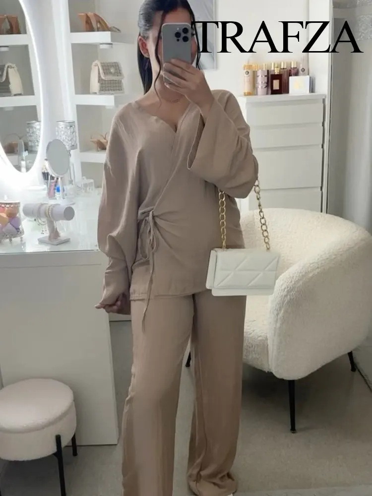 TRAFZA Women's Summer Fashion Linen Solid Color Shirt Set Belted Cardigan Kimono Top + High Waist Women's Pleated Pants 2-piece 4