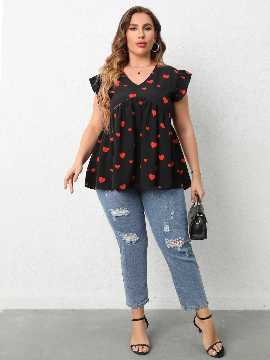 Finjani Red Heart Print Blouse 2023 New V-Neck Ruffle Trim Blouses Summer Casual Tee Loose And Breathable Plus Size Women's Tops