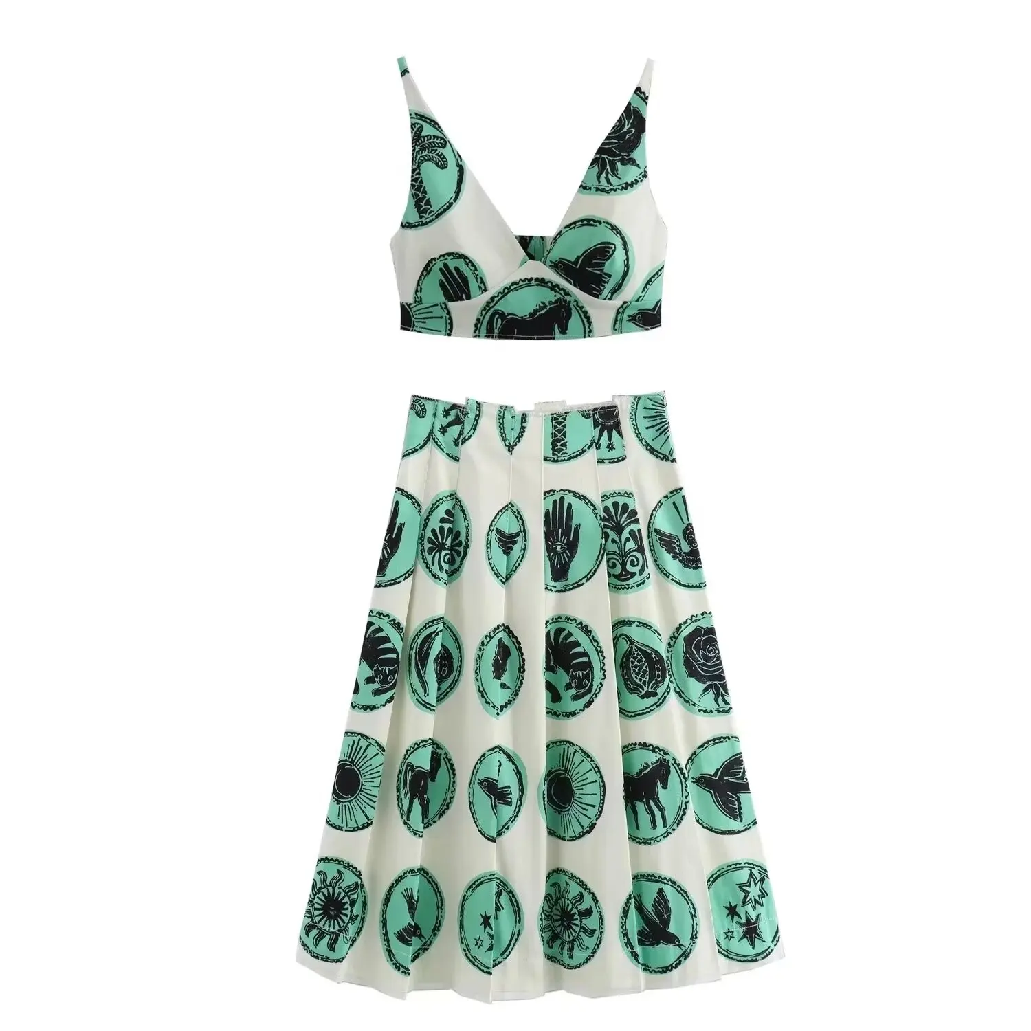 

Женский костюм с винтажным принтом TRAFZA, повседневный короткий жилет без рукавов с открытой спиной и длинное платье на молнии со складками, весна-лето 2024