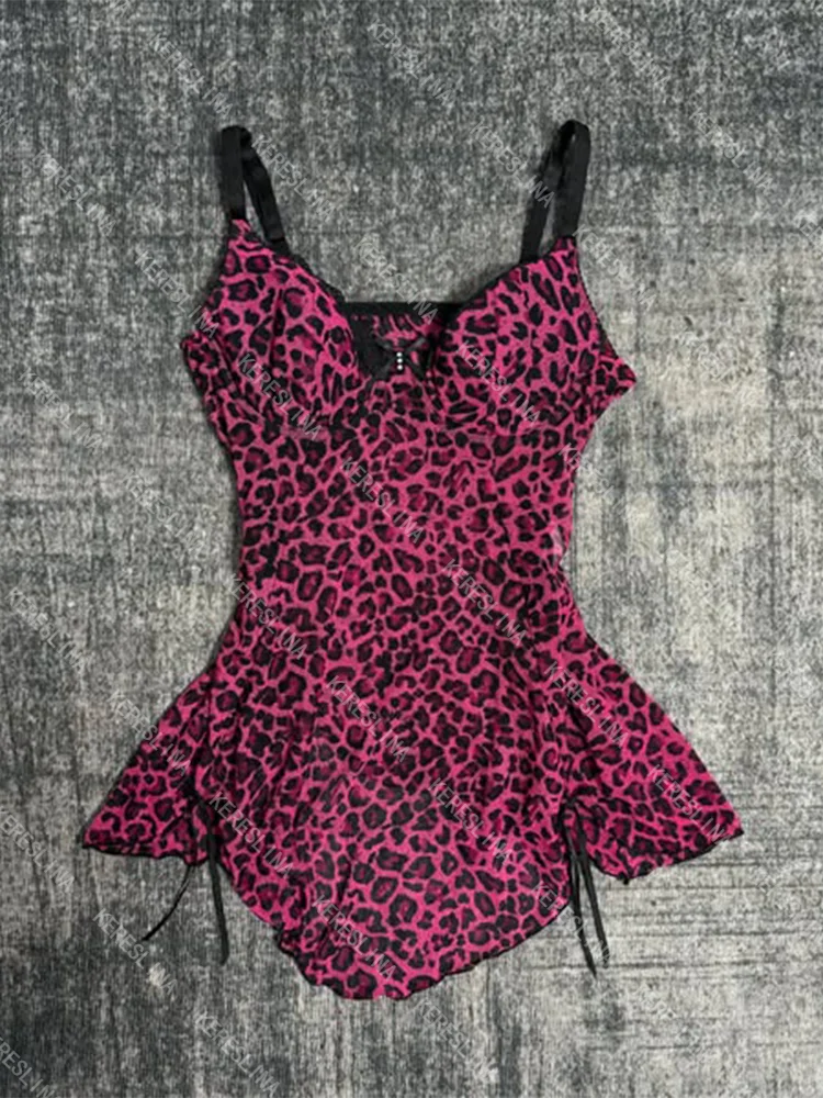 Womens Pink Leopard Print Tank Top Y2K Cami Ruffle Babydoll Lace Trim S-L