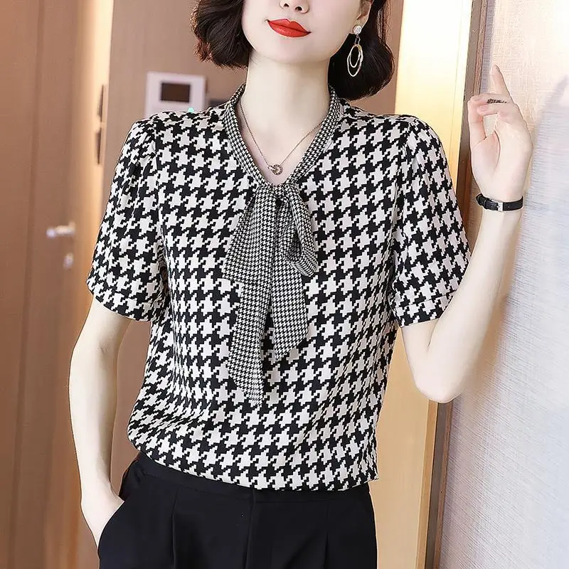 

Fashion Printed Houndstooth Spliced Bow Loose Chiffon Shirt Summer Pullovers Oversized Commute Women's Clothing Elegant Blouse
