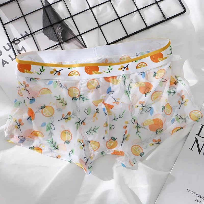 Men's Boxers Briefs Summer Ice Silk Underwear Mesh Transparent Panties Floral Fruit Printed Ultra-Thin Breathable Underpants