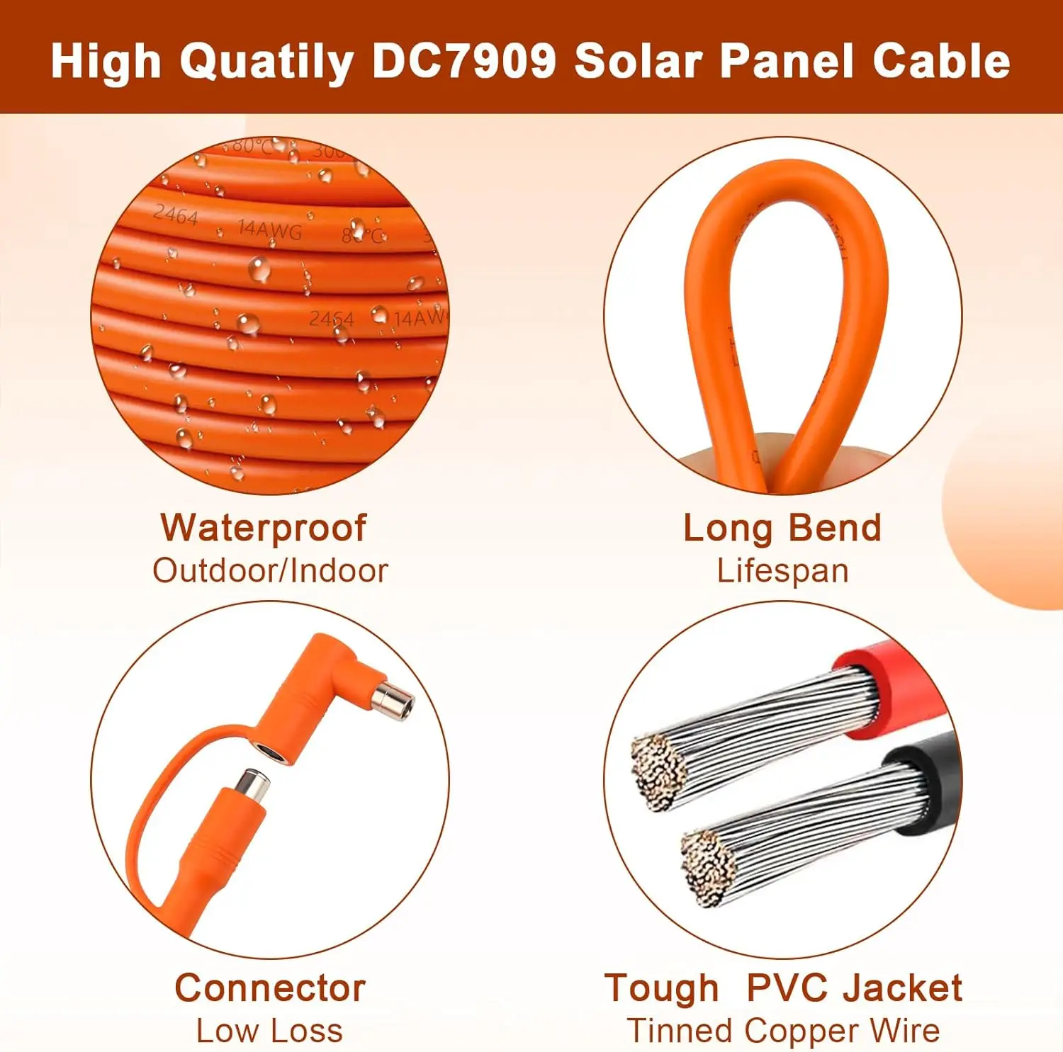 25FT 14AWG DC 8mm 태양광 연장 케이블, DC7909 여성형에서 DC8020 남성형 어댑터