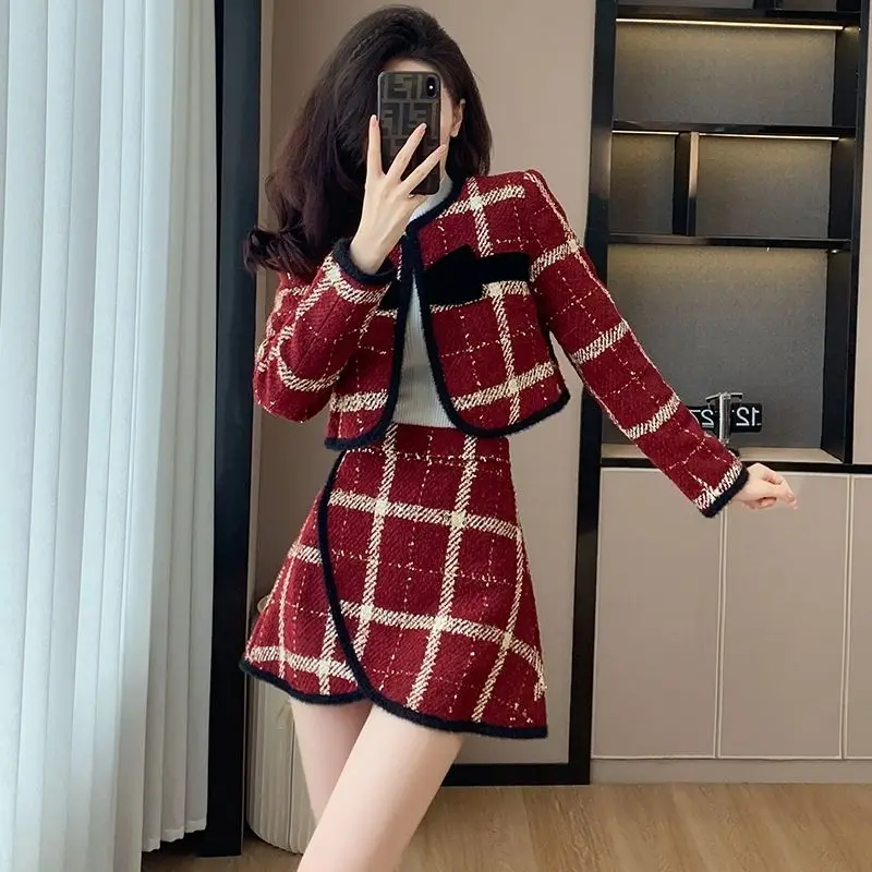 unxx-2023-autumn-winter-new-red-plaid-thick-padded-chic-jacket-set-elegant-and-luxurious-rich-girl-inspired-two-piece-outfit