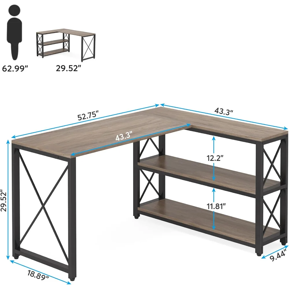 Reversible Industrial L-Shaped Desk with Storage Shelves 2