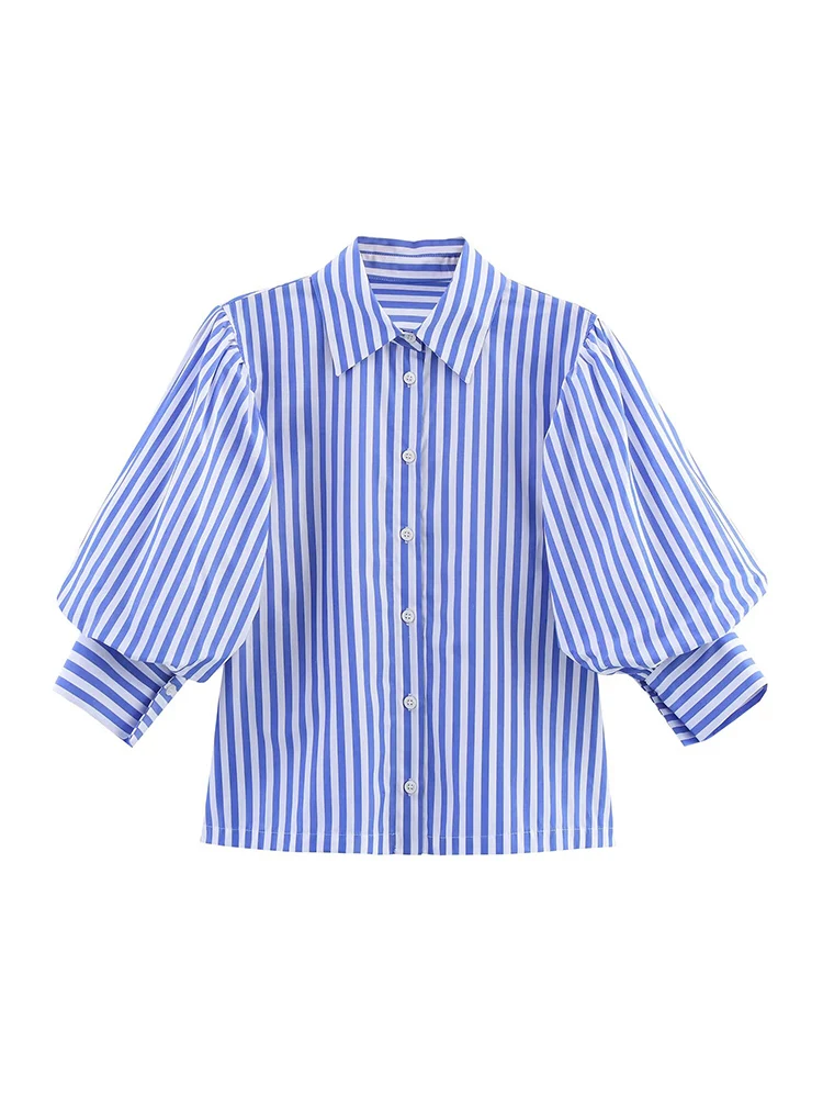 TFMLN Fashion Women Short Puff Sleeve Blouse Loose Casual Lapel Single Breasted Shirt Tops Elegant Office Lady Summer Commuter