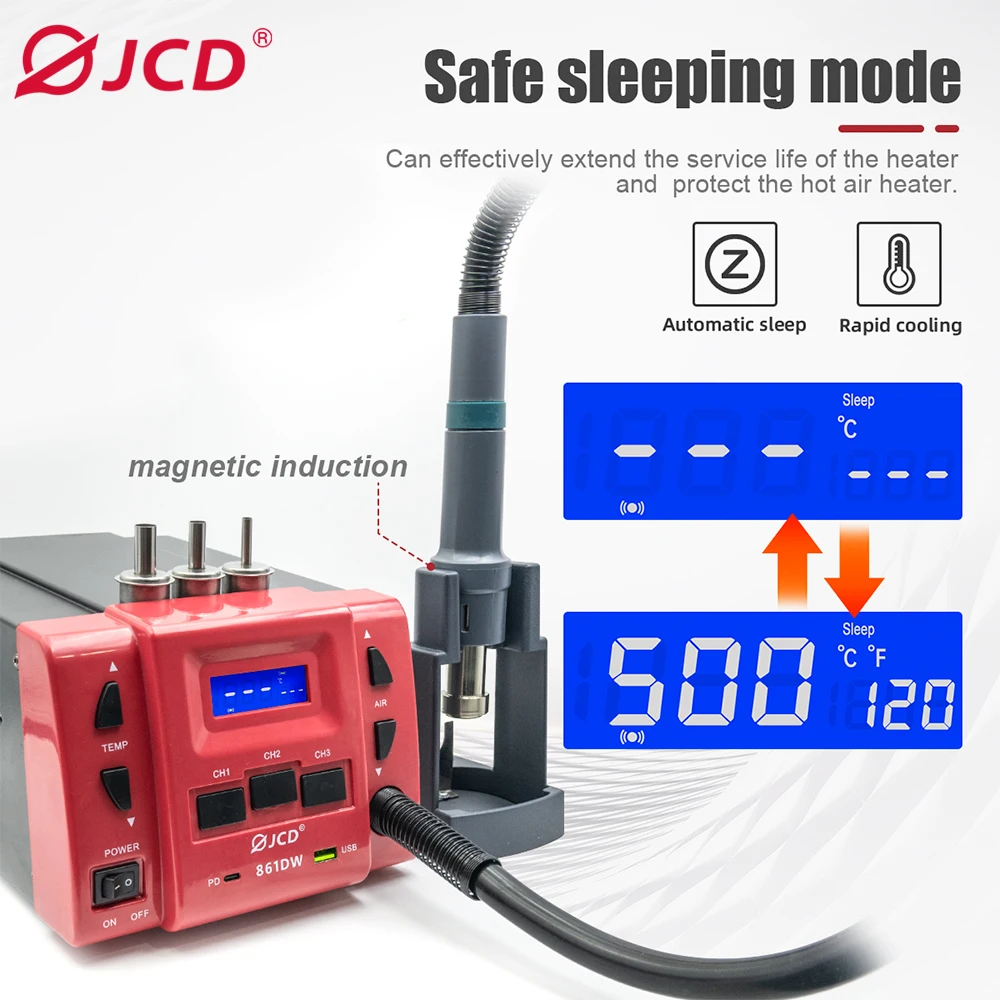 JCD 861DW Hot Air Gun 1000W High Power Soldering Rework Station With 3 Nozzles For Mobile Phone Motherboard PCB BGA Repair Tools
