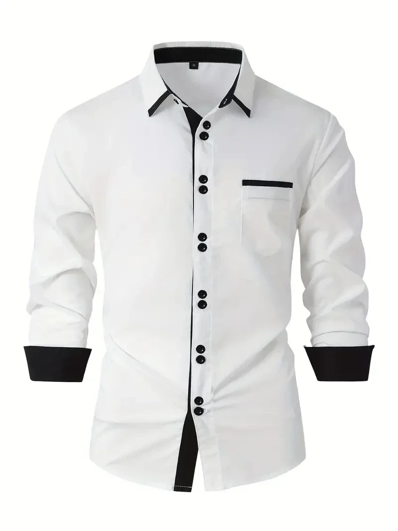 Men's Business Casual Cotton Shirt with Pocket Color Matching Lapel Comfortable Long Sleeve Top for Holiday