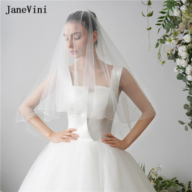 

JaneVini Luxury Pearls White/Ivory Short Bridal Veil with Comb Two Layers Soft Tulle Elbow Length Wedding Veils for Bride Cheap