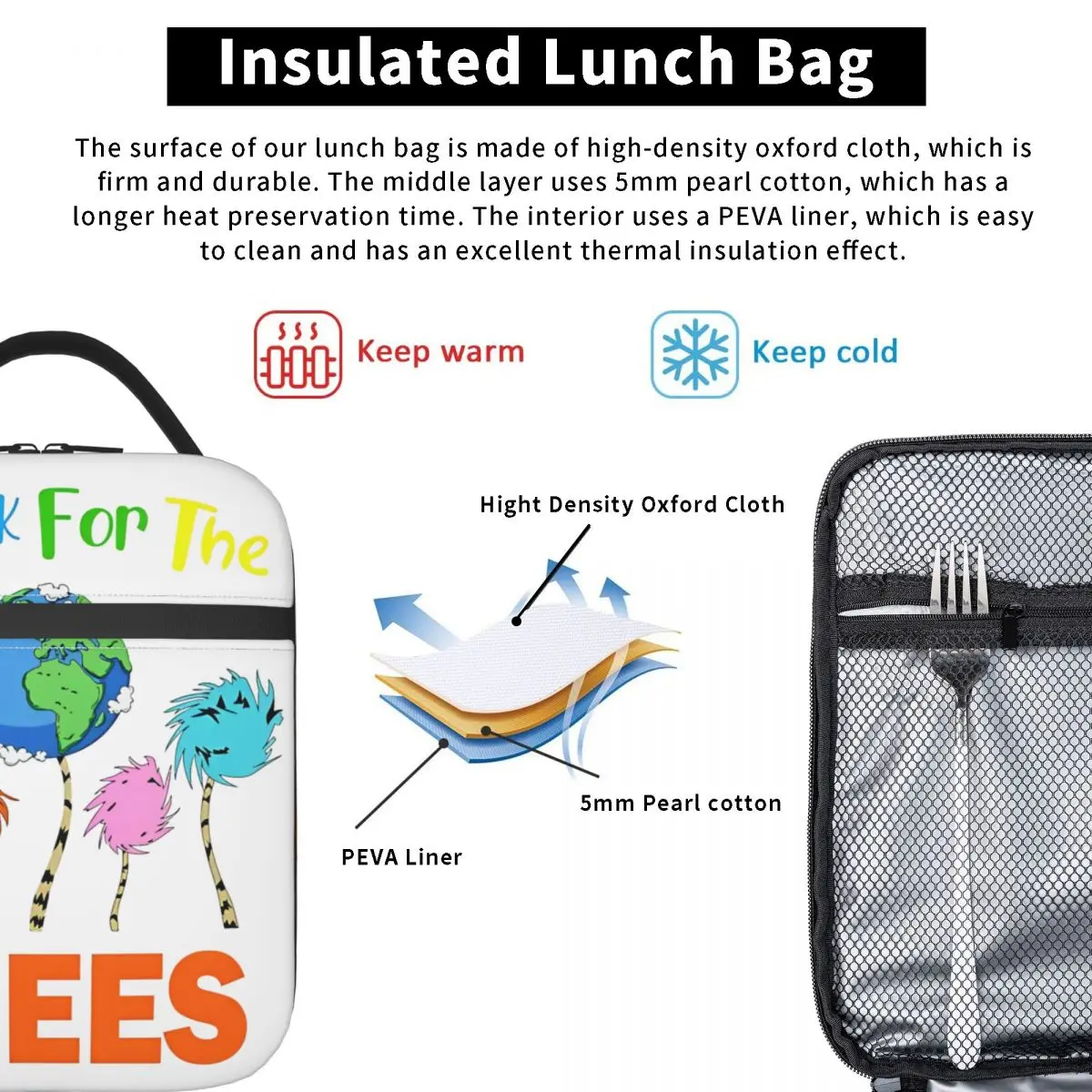 I Dr The Trees Speak For Seuss Insulated Lunch Bag Reading Day America March 2 Food Container Portable Thermal Cooler Bento Box