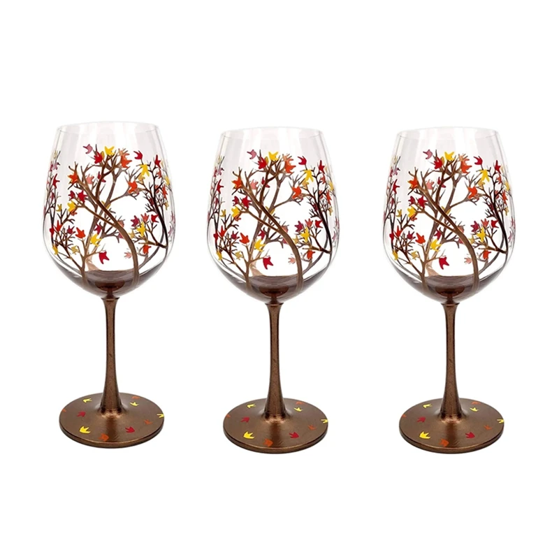 AEE4-Autumn Tree Wine Glass-Fall Colors-Leaves Of Red, Yellow, Orange Hand Painted Fall Leaf