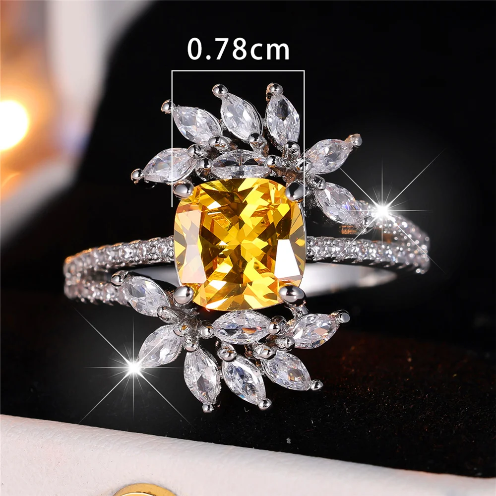 Luxury Female Yellow Zircon Stone Finger Ring Vintage Silver Color Wedding Band Bridal Jewelry For Women