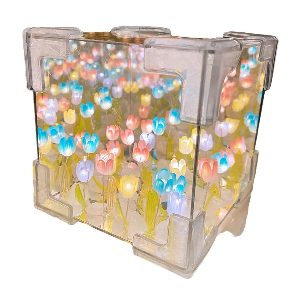 Cube Tulip Flower Sea Night Light DIY Tulip Mirror Light Bedroom Atmosphere Decoration Bedside Lamp Girls Mother's Day Gift
