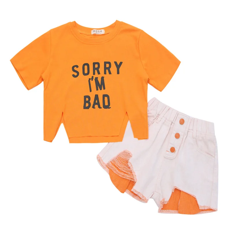 

Kid Girls Clothes Summer Fashion Set Raw Edge Ripped Shorts + Letter Print T-Shirt Short Sleeve Top 2pcs Streetwear Outfit 4-12Y