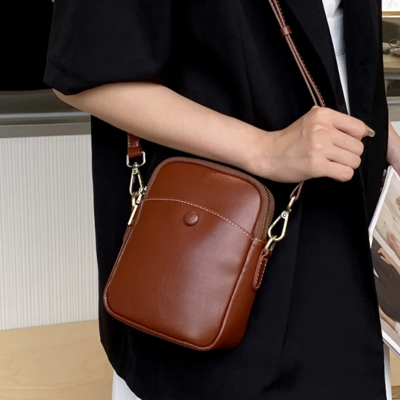 Cow Leather Women's Crossbody Bag Versatile Minimalist Shoulder Bag with Phone Slot Coin Pocket, Lightweight Everyday Essential