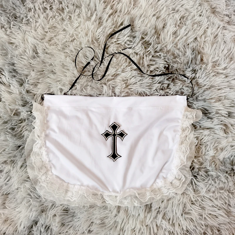 

Y2k Style Girl Cosplay Cross Goth Sweet Lace-up Aprons Black White Female Sexy Lace Patch Sleeveless Apron Korean Lolita Top