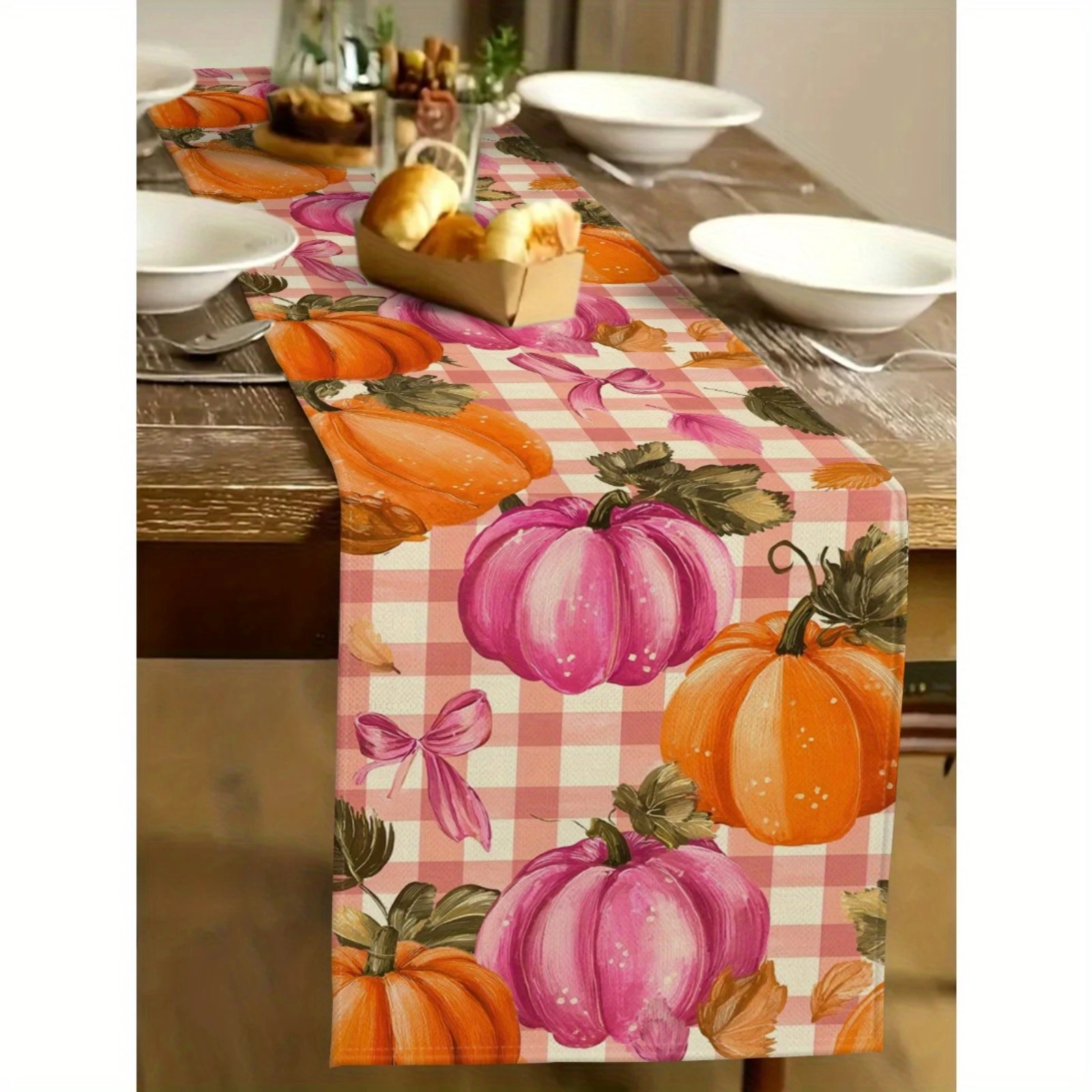 Pink Pumpkin Plaid Table Runner 1
