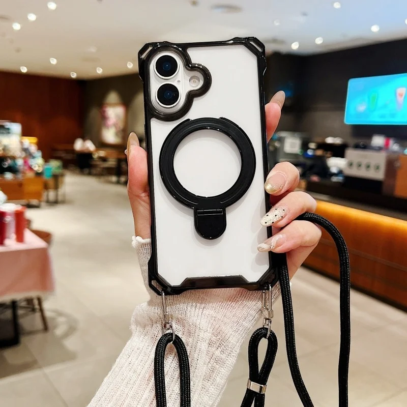 Strap Magnetic Case For iPhone 17 Pro Max 13 12 11 14 15 16 Plus Stand Shockproof Four Corner Crossbody Lanyard U Holder Cover