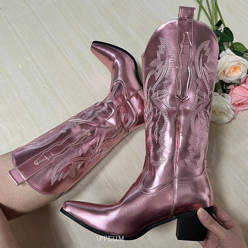 IPPEUM Western Cowboy Boots For Women Red Knee High Wide Calf Cowgirl Boots Embroidered White Pointed Toe Chunky Heel Shoes