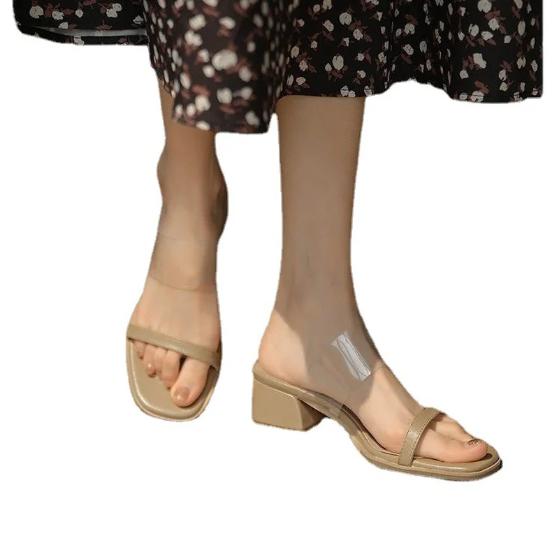 Slippers Women Summer Outer Wear Mid Heel 2022 Temperament Fashion One-word Slippers Sandals Women's Shoes Thick Heel Sandals