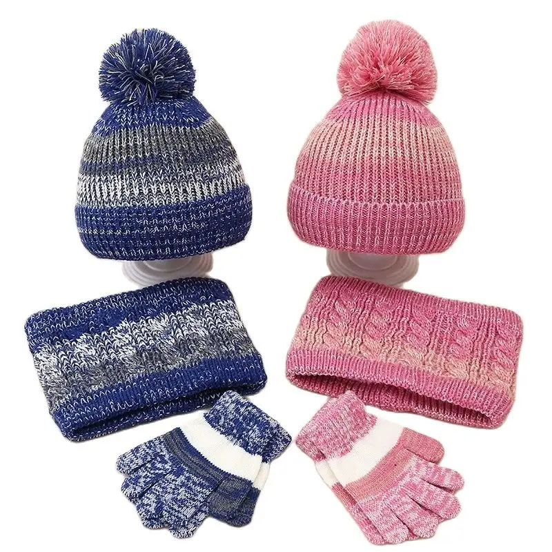 New Winter Children Hat Scarf Gloves Set Boys Girls Gradient Color Velvet Hat Collar Set Thick Plush Knitted Cap 3pcs