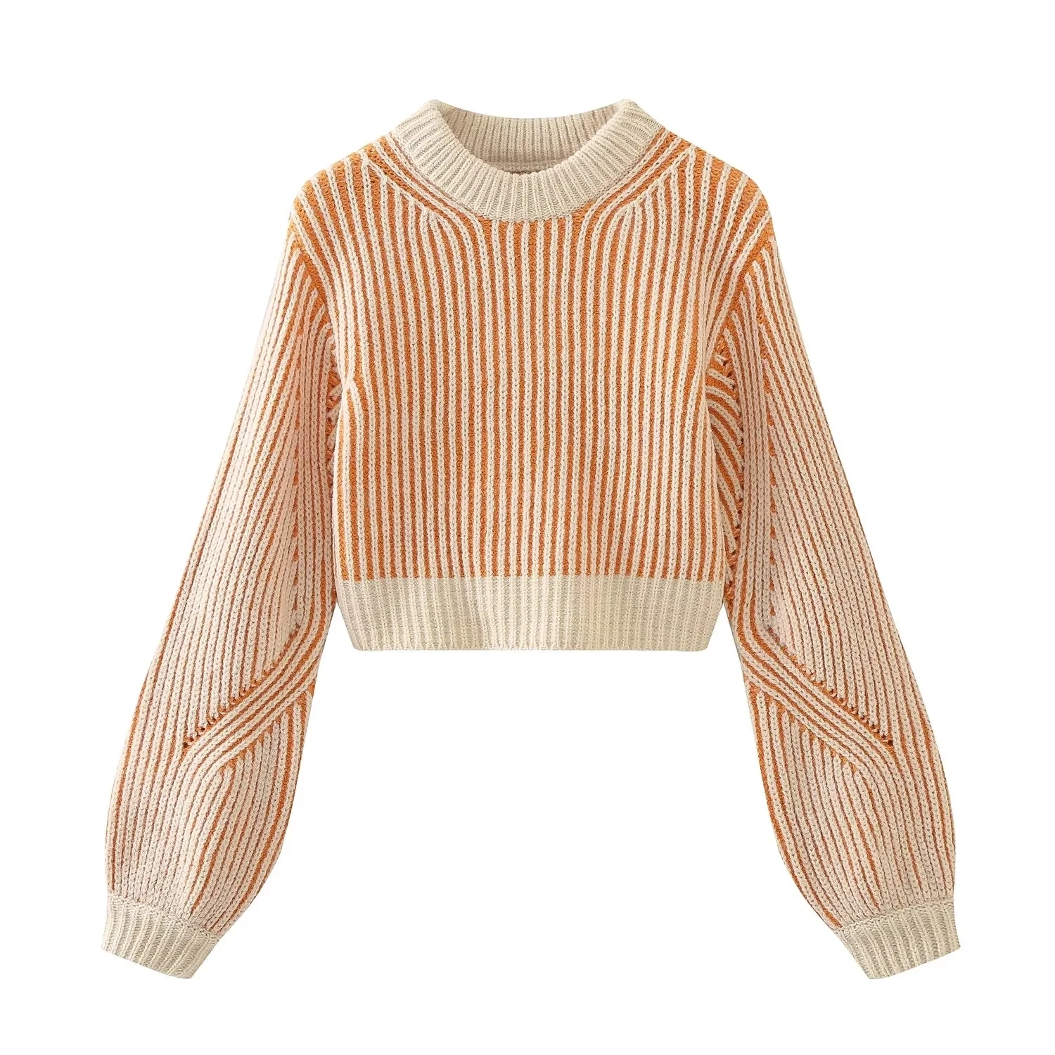 

TRAF Women Striped Crop Sweater 2023 Fashion Autumn Casual Round Neck Long Sleeves Pullovers Female Basic Elegant Fitted Sweater