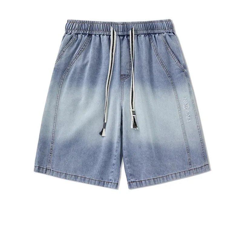 Summer Men's Letter Embroidered Drawstring Gradient Solid Pockets Elastic High Waisted Casual Sports Loose Trousers Shorts