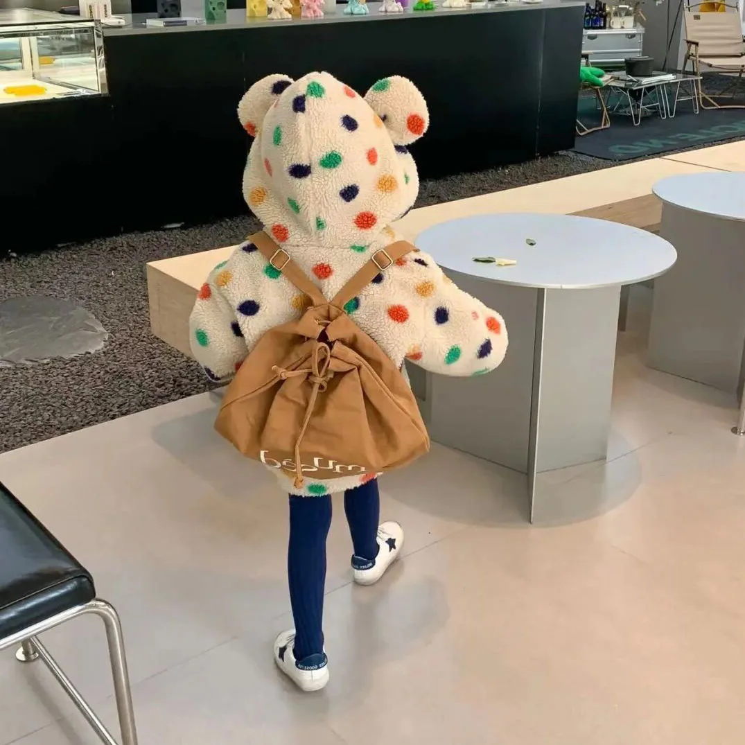 Girls' coat rainbow dot hooded with big ears plush thickened coat top winter new children's wear clothing