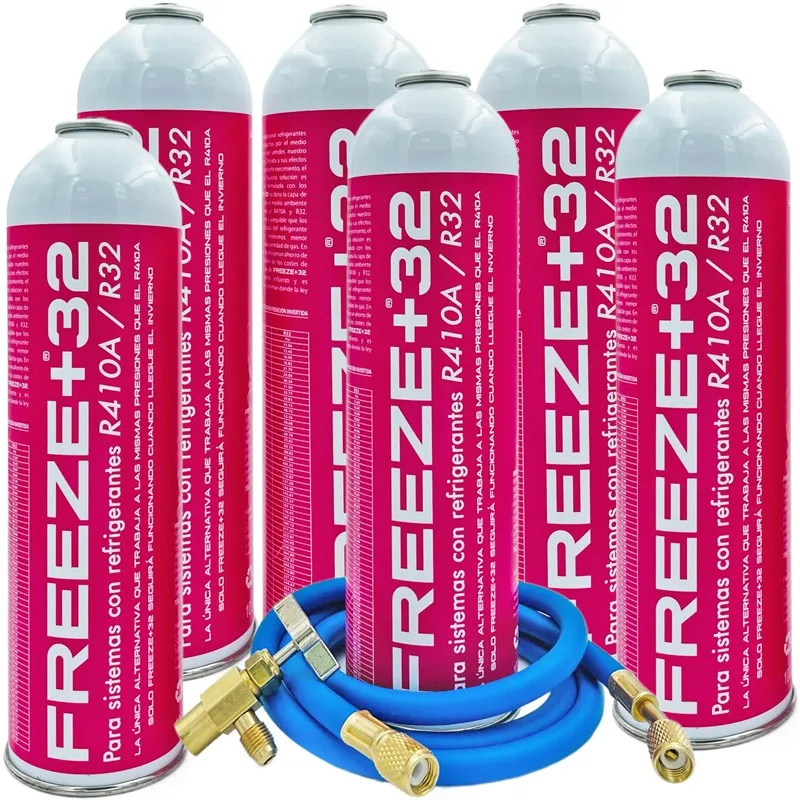6 Bottiglie Congelano Gas Refrigerante Ecologico + 32 R410A-R32 + 5/16 Tubo Di Ricarica X1/4 + Valvola