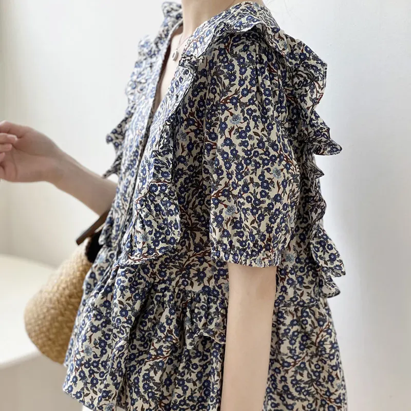Female Clothing Broken Flowers Shirt Vintage Printed Fashion Ruffles Spliced Summer Elegant V-Neck Loose Short Sleeve Blouse New