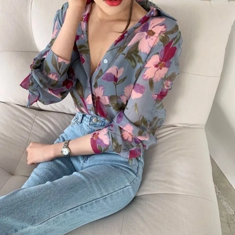Women Fragmented Flowers Shirt Chiffon Long Sleeved Westernization Thin Versatile Tops Spring Summer Manteau Printemps Femme