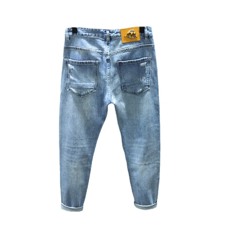 Spring New Blue Ripped Hole Jeans Men's Elastic Slim Stitching Patch Korean Fashion Male Clothing Denim Trousers Streetwear
