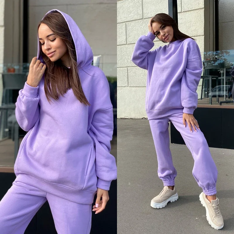 Casual Sportswear Suit Women Solid Color Warm Hoodies Loose Pants Sets Fall Winter Sports Pullovers Trousers 2 Piece Set 2023