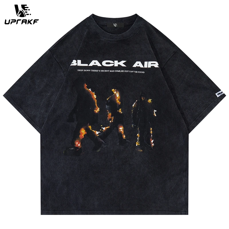 

UPRAKF Flame Printed Short Sleeve T Shirt Washed Vintage Streetwear Burning Man Graphic Print Harajuku Fashion Summer Casual