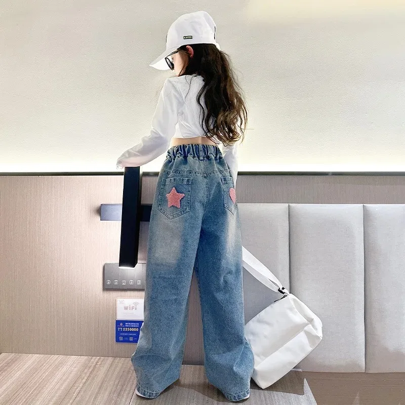 Girls' Wide-Leg Jeans with Heart & Star Design 5