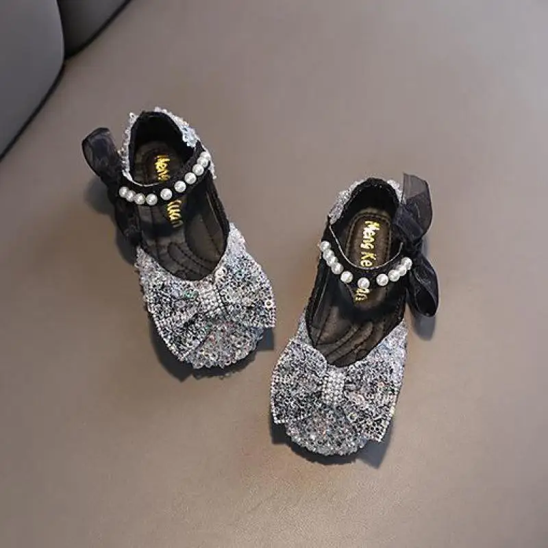 Girls shoes leather shoes girls flats AINYFU spring kids glitter pearl flat princess lace bow wedding soft bottom dance shoes