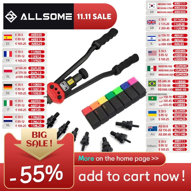 ALLSOME BT-607 16" Manual Riveter Gun Hand Rivet Tool Kit Rivet Nut Setting Tool Nut Setter M3/M4/M5/M6/M8/M10/M12