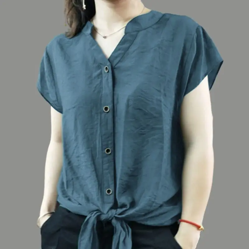 여성용 빅 사이즈 아이스 실크 활 반팔 쉬폰 셔츠, 루즈핏 슬림 통근 심플 캐주얼 다목적 상의, 여름