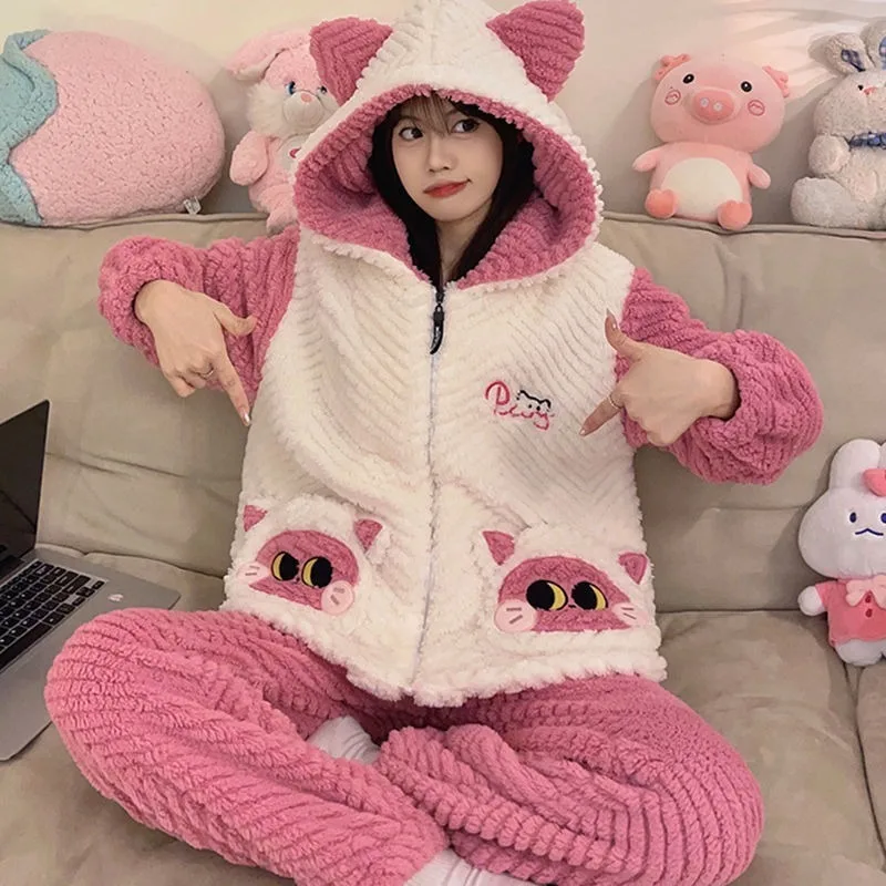 2024 New Women's Pajamas Set Winter Thick Ladies Sleepwear Flannel Cute Cartoon Famle Pijamas Coral Velvet Girls Loungewear Suit