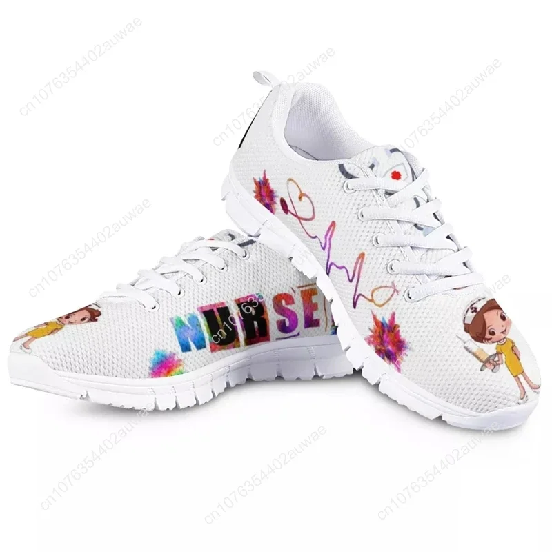 Funny Cartoon Nurse Girl Pattern Woman Flats Shoes Spring Autumn Mesh Lace Up Sneaker Female Casual Footwear Dropship